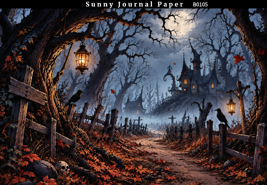 B0105--Halloween Whimsical Forest Cabin Horizontal A5 paper 10pcs no repeat