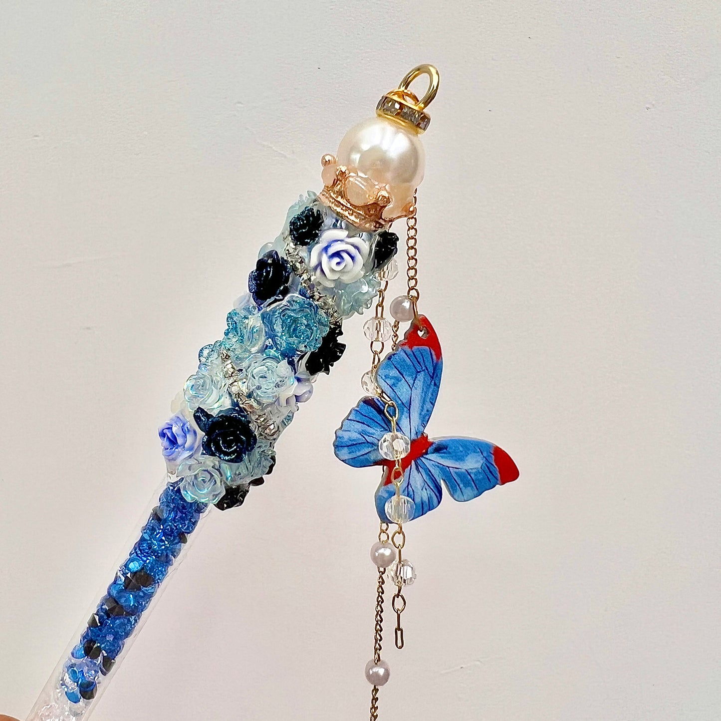 Handmade Blue rose, butterfly and pearl Carving Knife Pen Cutter for Journaling