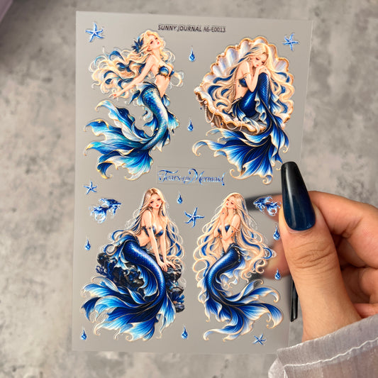 E0013--Blue Mermaid 3D Embossed Sticker 1 Pcs A6 Size 10X15cm=4x6inch