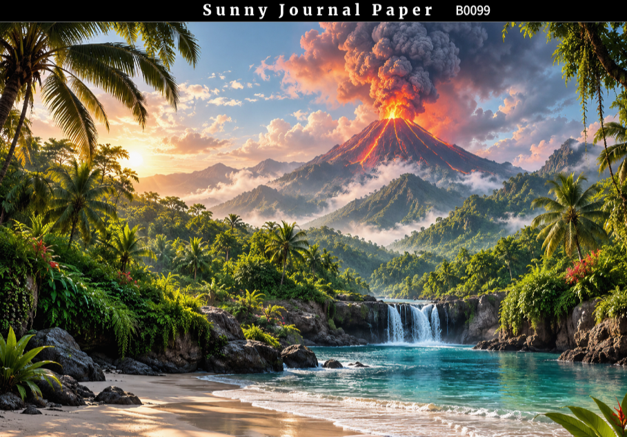 B0099-- Landscape with Volcano & Waterfall Horizontal A5 paper 15pcs no repeat