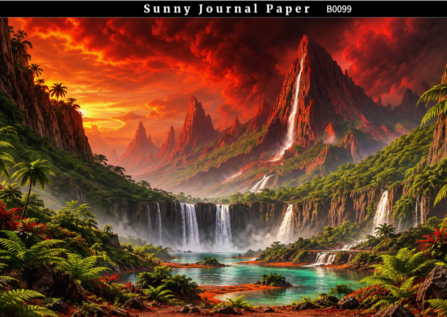 B0099-- Landscape with Volcano & Waterfall Horizontal A5 paper 15pcs no repeat