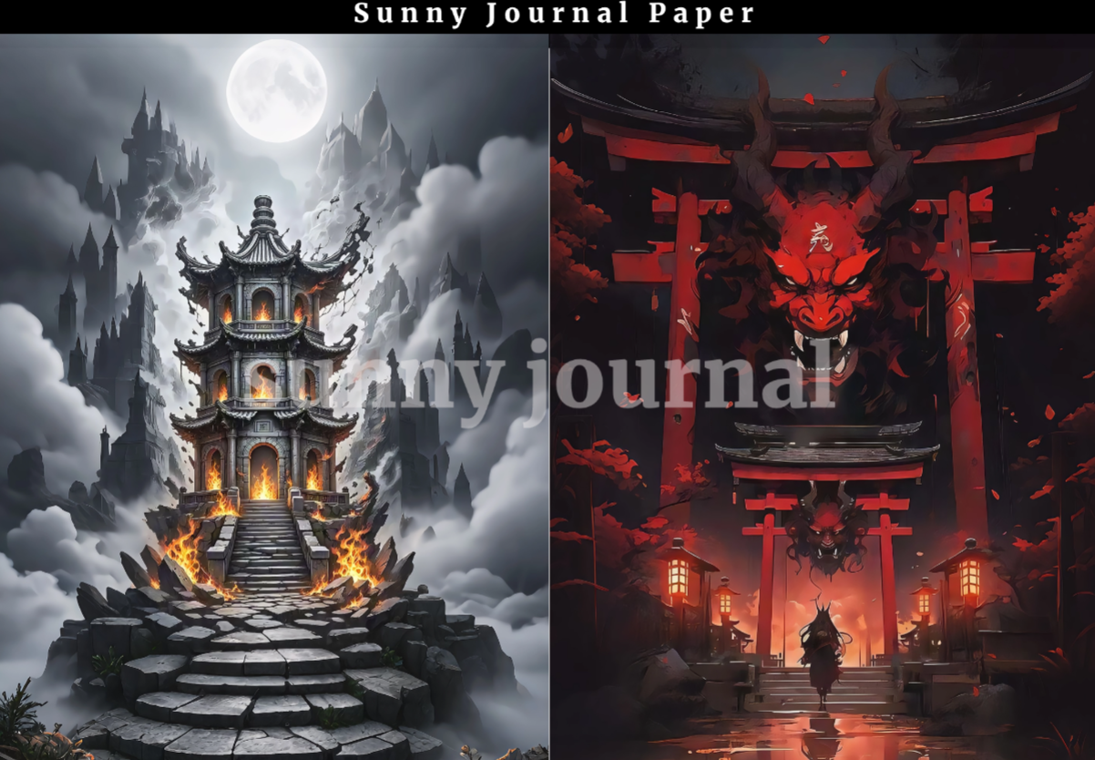 B0049-Traditional Scary Red Moon Chinese-style Horror Background A5 paper 10pcs no repeat