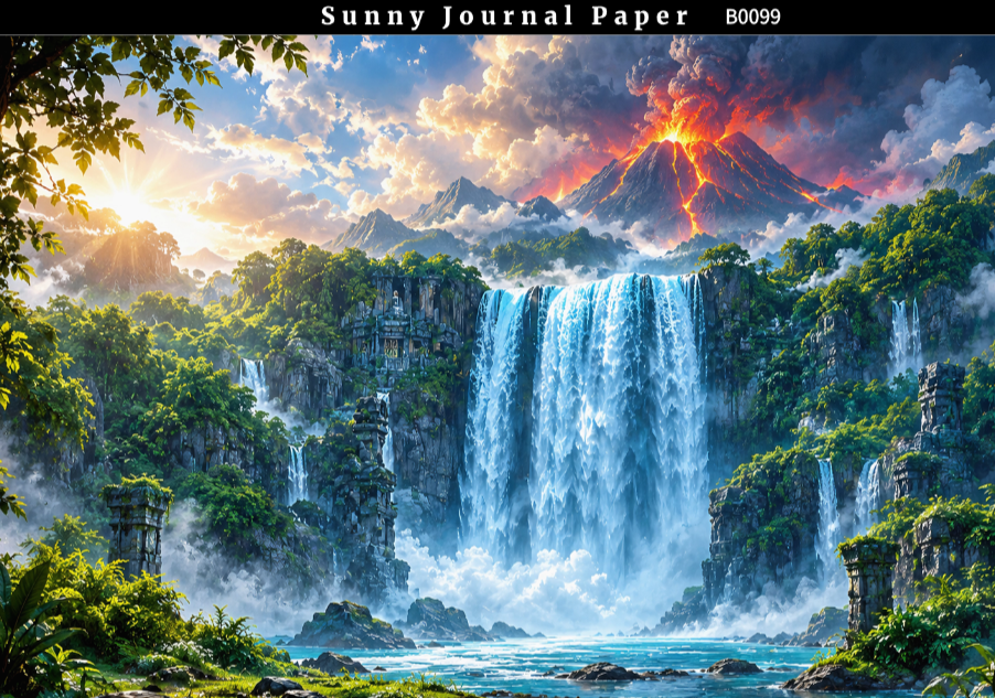 B0099-- Landscape with Volcano & Waterfall Horizontal A5 paper 15pcs no repeat