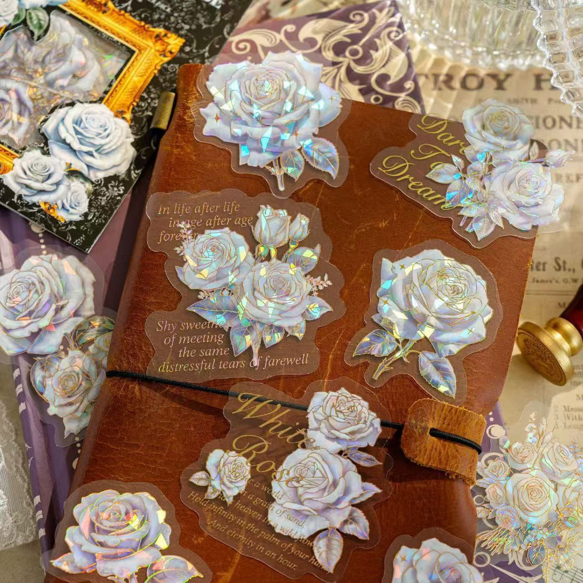 Icy‑Crystal Rose PET Gold‑Foil Sticker Pack