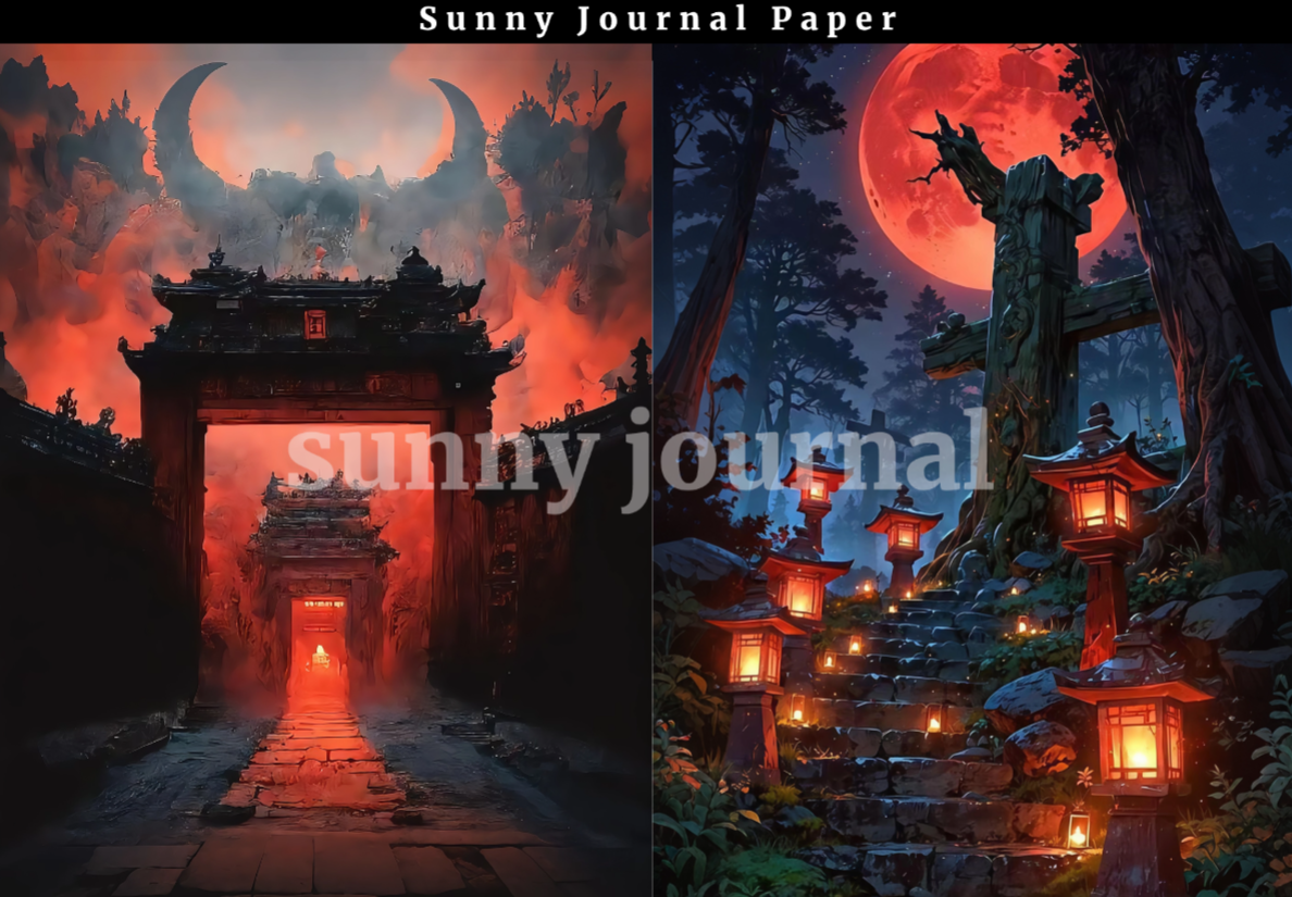 B0049-Traditional Scary Red Moon Chinese-style Horror Background A5 paper 10pcs no repeat