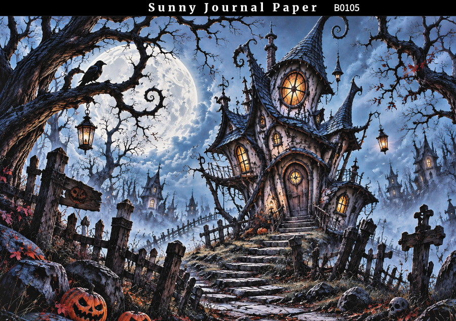 B0105--Halloween Whimsical Forest Cabin Horizontal A5 paper 10pcs no repeat